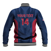 Blue and red baseball jacket back with striped ribbed cuffs, 'YOUR TEXT' and '14' print