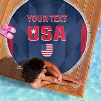 Blue circular beach blanket with fringe, USA graphic and 'YOUR TEXT' view from above