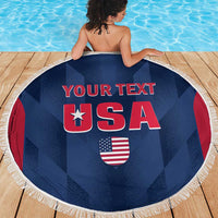 Blue circular beach blanket with fringe, USA graphic and 'YOUR TEXT' stretched out