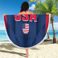 Blue circular beach blanket with fringe, USA graphic and 'YOUR TEXT' held open