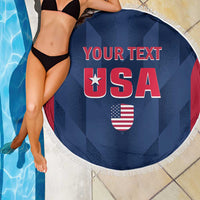 Blue circular beach blanket with fringe, USA graphic and 'YOUR TEXT' draped flat