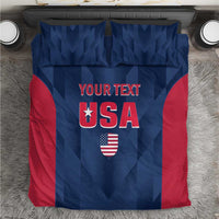Blue and red USA cricket bedding set with “YOUR TEXT” and star-and-shield graphic