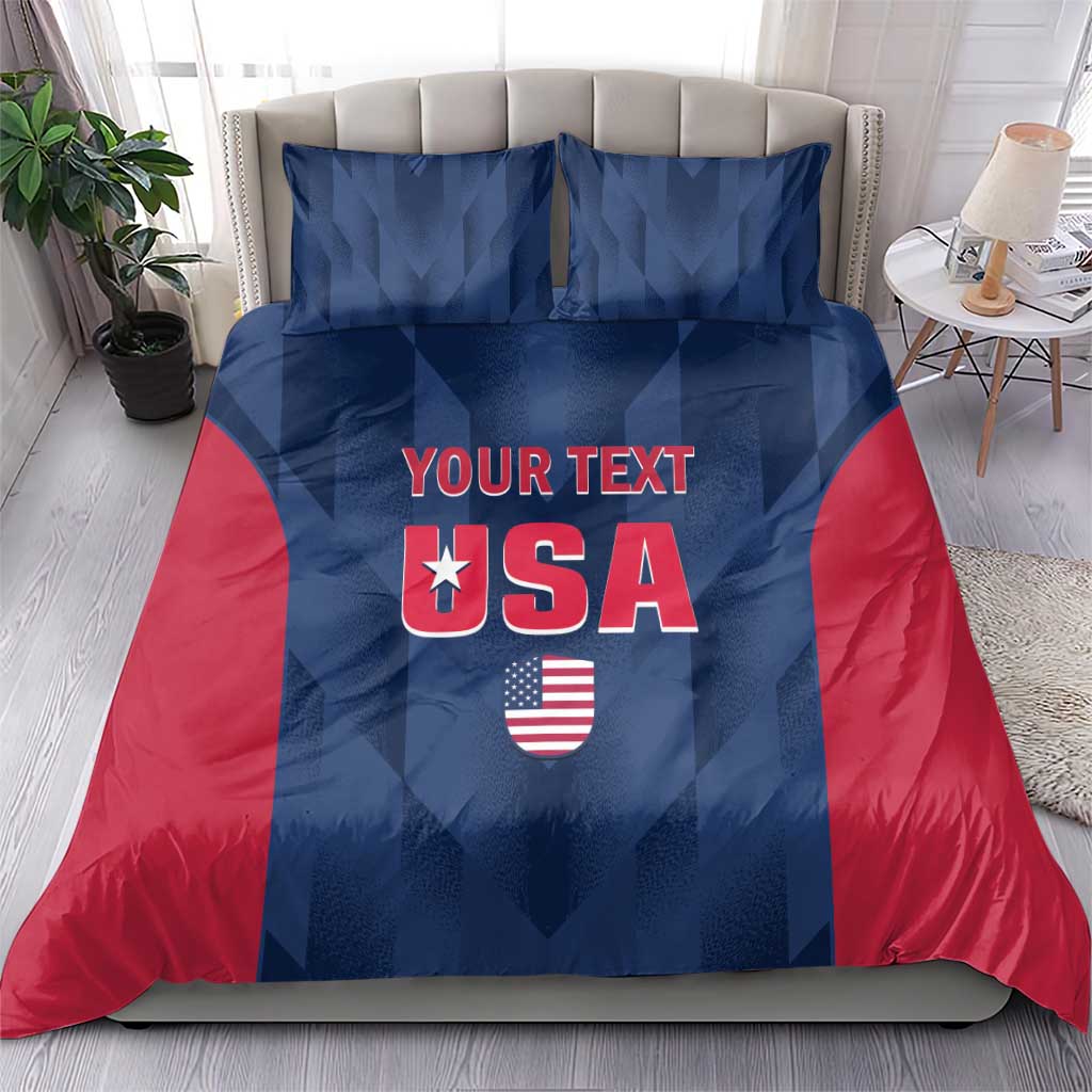 Blue and red USA cricket bedding set with “YOUR TEXT” and shield emblem on bed