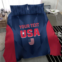 Blue and red USA cricket bedding set with “YOUR TEXT” and shield emblem, angled view