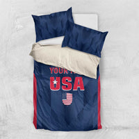 Blue and red USA cricket bedding set with “YOUR TEXT” and shield emblem, folded