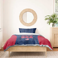 Blue and red USA bedding set with “YOUR TEXT” and shield graphic, side angle