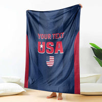 Custom USA cricket blanket draped, blue with red sides, 'YOUR TEXT' and 'USA' shield