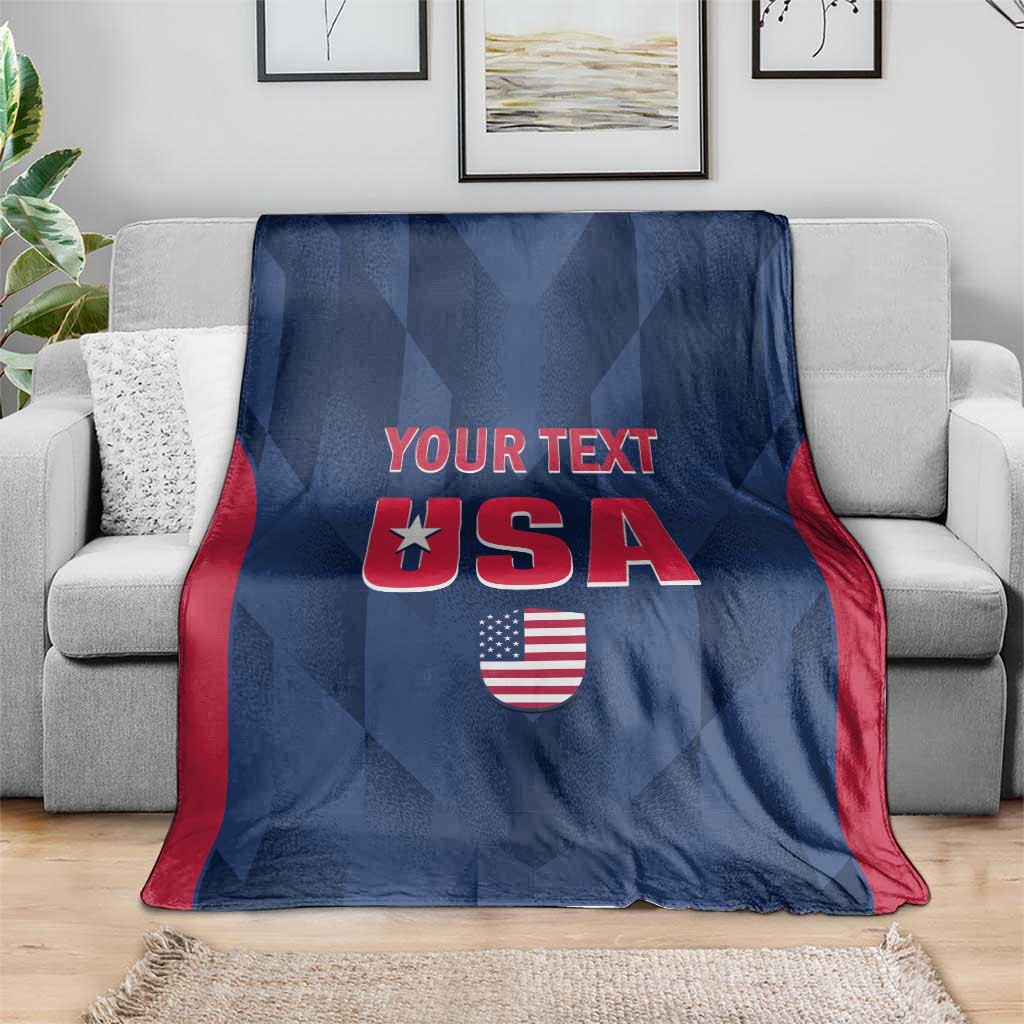 Custom USA cricket blanket, blue with red trim, 'YOUR TEXT' and 'USA' star shield