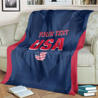 Blue USA cricket blanket with red trim, 'YOUR TEXT' and 'USA' star shield graphic