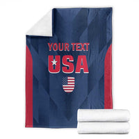 Blue USA cricket blanket with red trim, 'YOUR TEXT' and 'USA' emblem centered