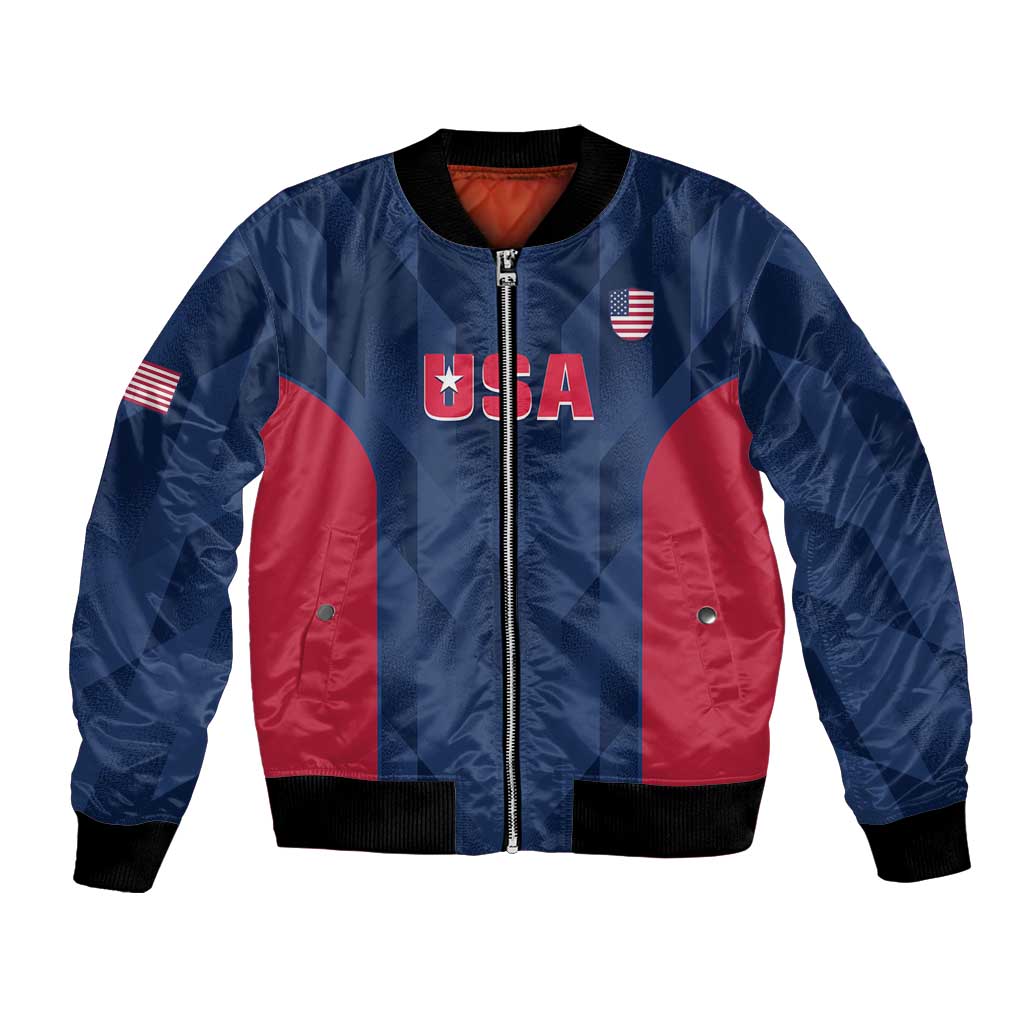 Blue bomber jacket with USA flag patch, red panel graphics, zip front, ribbed cuffs