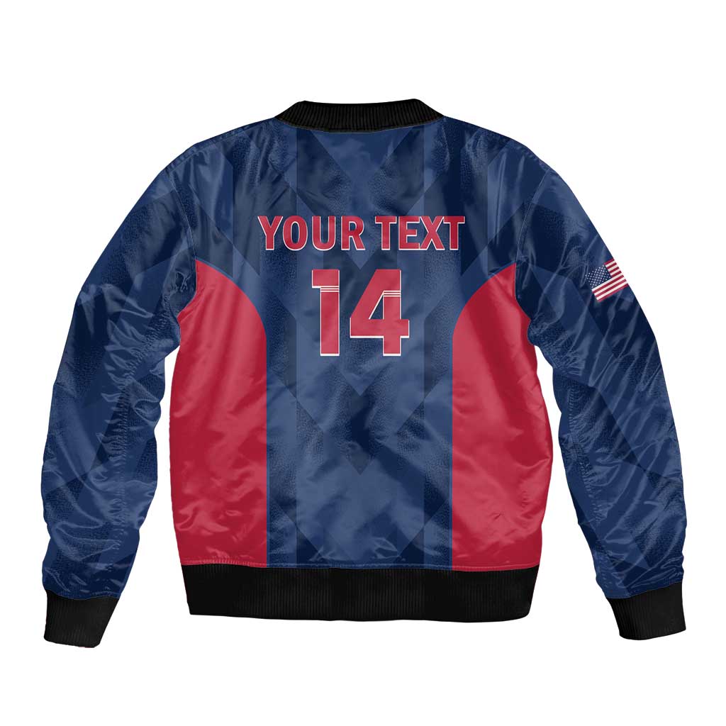 Blue bomber jacket back with 'YOUR TEXT' and large '14', red paneling, ribbed hem