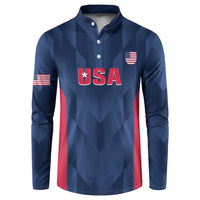Men's cricket button sweatshirt in navy with USA front logo and red side stripe