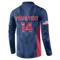 Men's cricket button sweatshirt in navy with back text 'YOUR TEXT' and number 14