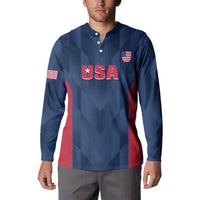 Men's cricket button sweatshirt in navy with USA chest logo and red side stripe, long sleeves