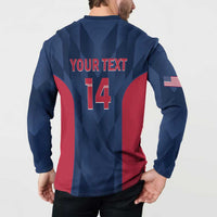 Men's cricket button sweatshirt in navy with back text 'YOUR TEXT' and number 14, rear view