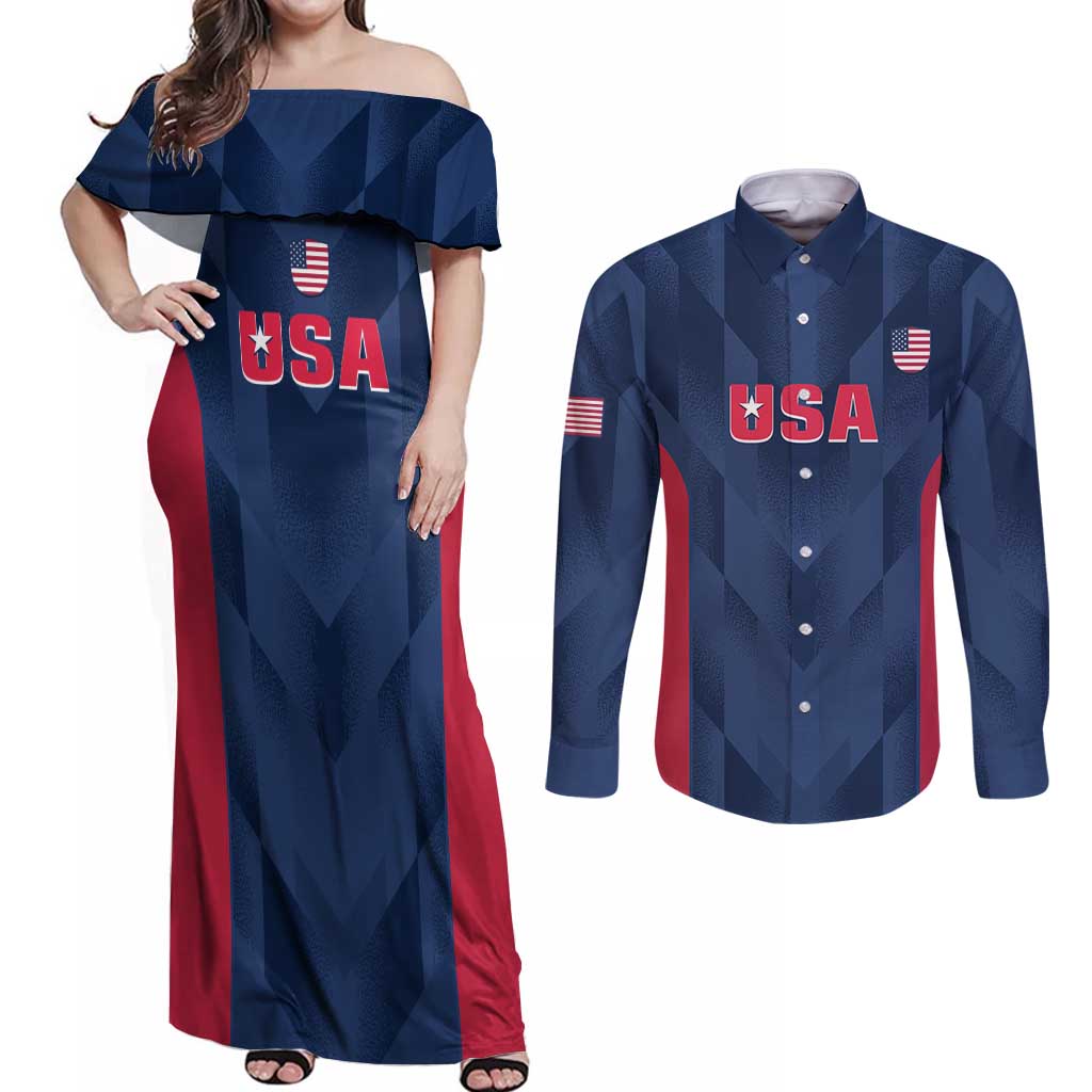 Custom USA Cricket Couples Matching Off Shoulder Maxi Dress and Long Sleeve Button Shirt Go United States Simple Version - Wonder Print Shop