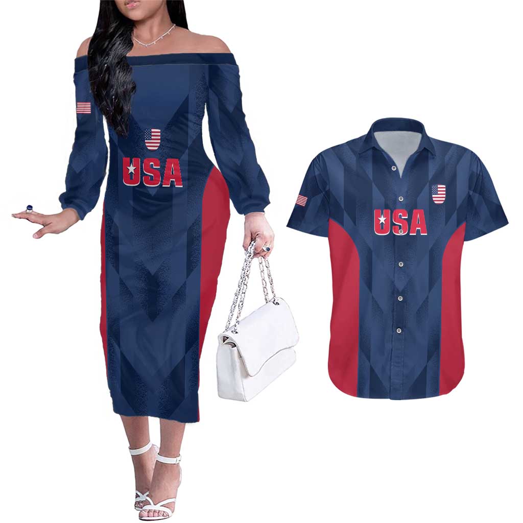 Custom USA Cricket Couples Matching Off The Shoulder Long Sleeve Dress and Hawaiian Shirt Go United States Simple Version - Wonder Print Shop