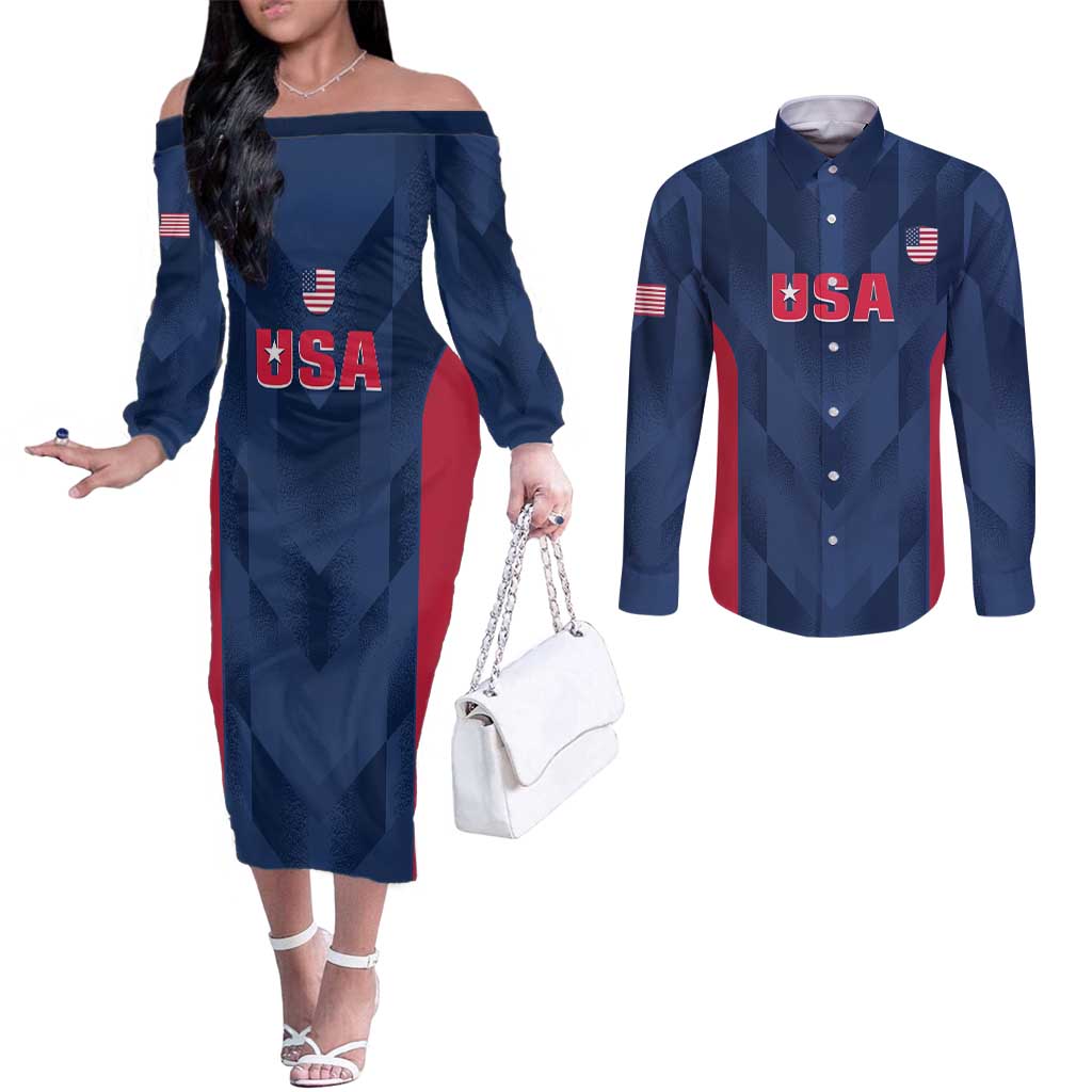 Custom USA Cricket Couples Matching Off The Shoulder Long Sleeve Dress and Long Sleeve Button Shirt Go United States Simple Version