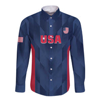 Unisex blue long-sleeve button-up cricket shirt with USA flag and USA logo
