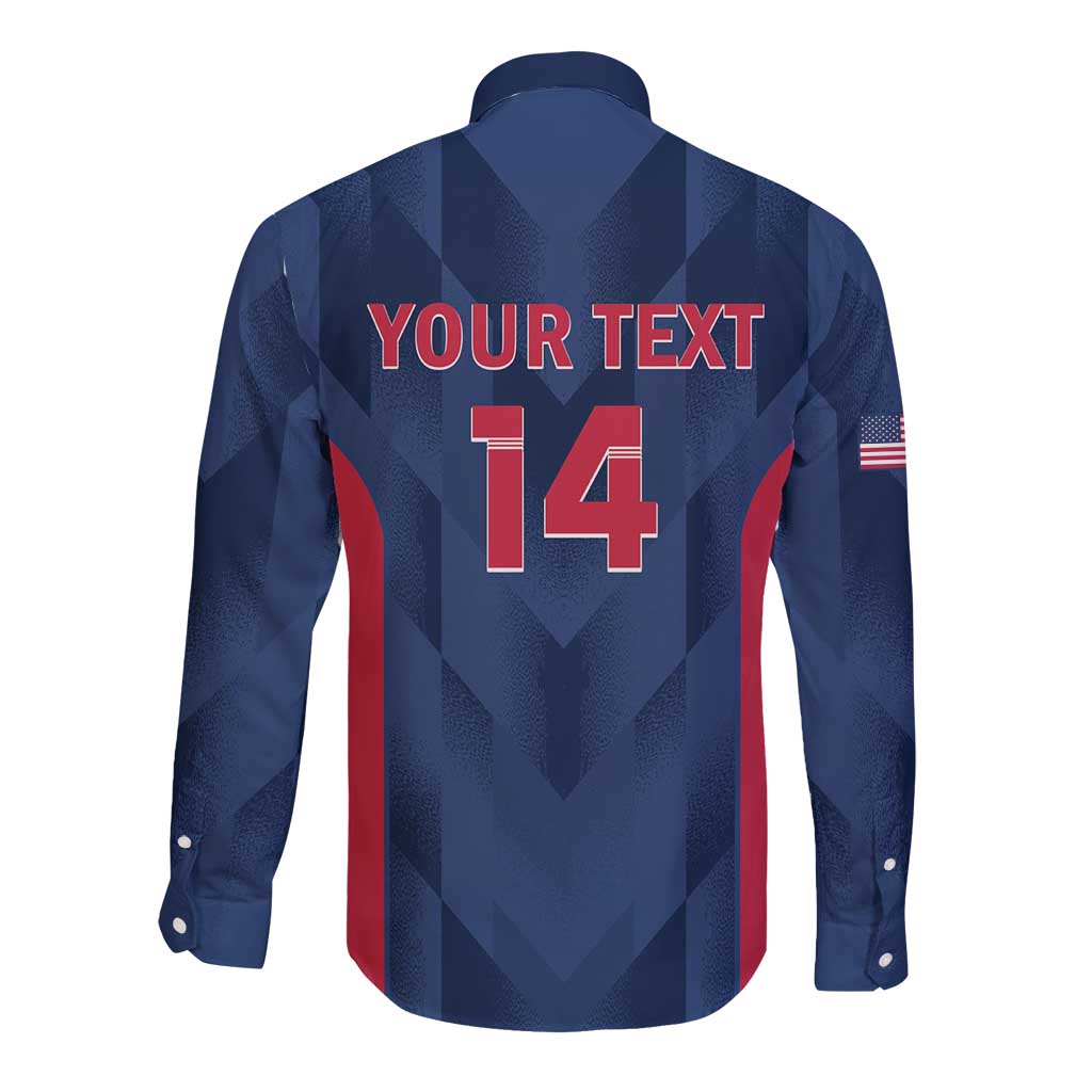 Unisex blue long-sleeve button-up cricket shirt with back "YOUR TEXT" and number 14