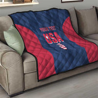 Blue and red USA quilt with diamond stitching and 'YOUR TEXT' USA emblem on sofa