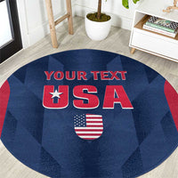 Blue round cricket rug with red 'YOUR TEXT' USA lettering and US flag shield