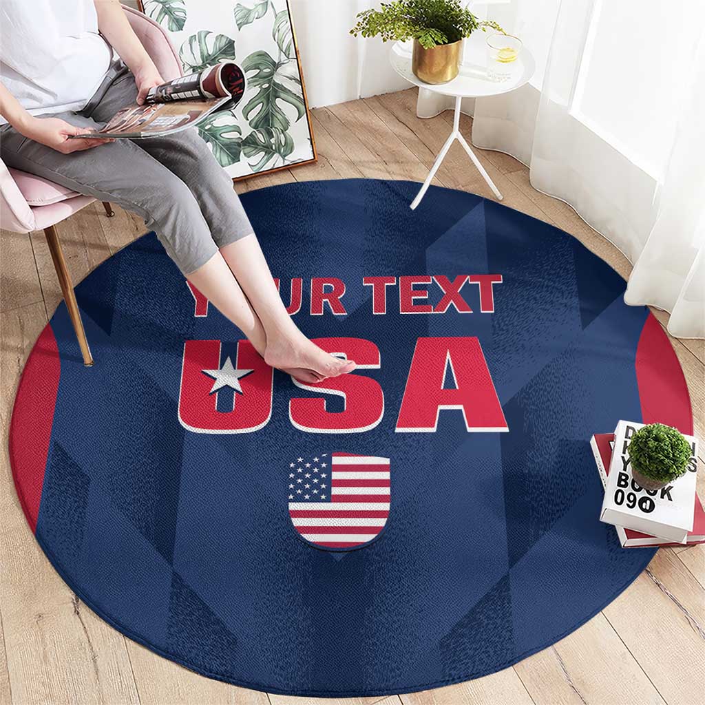 Blue round cricket rug with large USA text, red 'YOUR TEXT', and US flag shield
