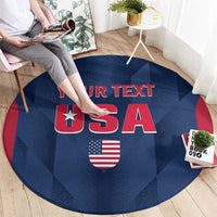 Blue round cricket rug with large USA text, red 'YOUR TEXT', and US flag shield