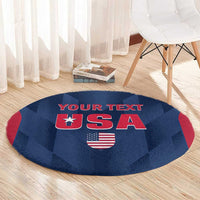 Blue round cricket rug with red 'YOUR TEXT' USA lettering and US flag shield design