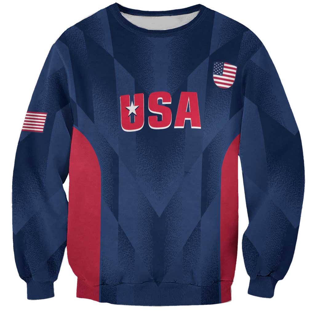 Unisex blue cricket sweatshirt, USA graphic with red stars and U.S. flag badge