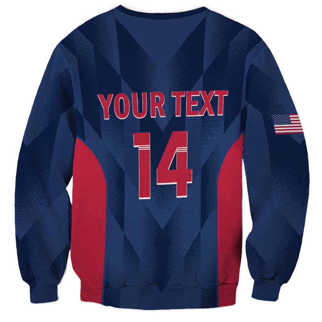 Unisex blue cricket sweatshirt, YOUR TEXT with number 14 and U.S. flag sleeve patch