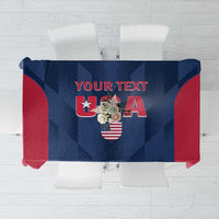 Custom USA cricket tablecloth, navy blue with red border and USA emblem