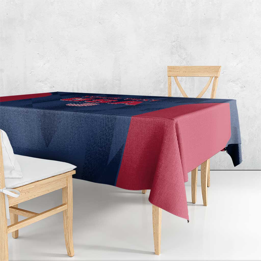 Custom USA cricket tablecloth on table, navy blue surface with red drape