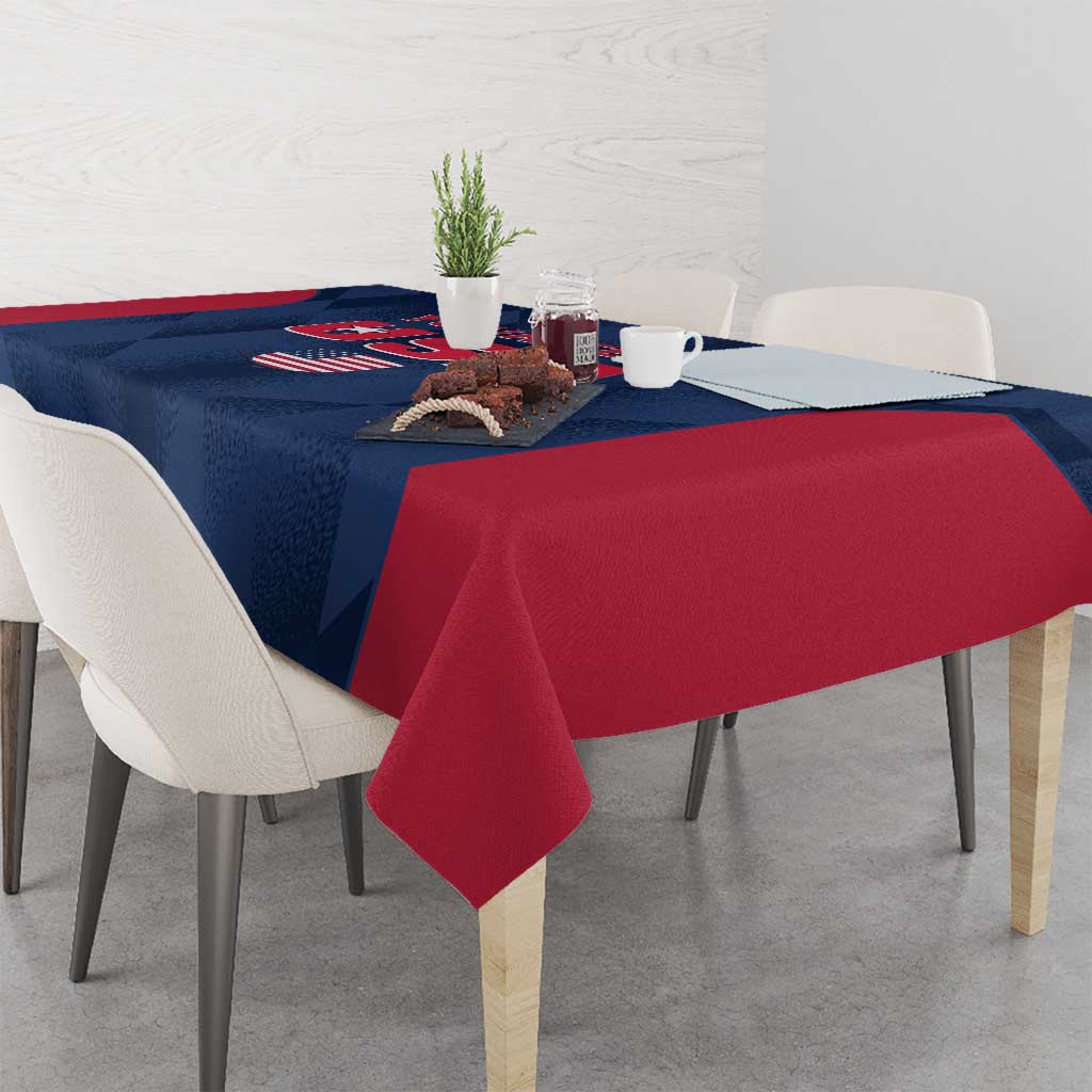 Custom USA cricket tablecloth on dining table, navy blue with red hanging corner