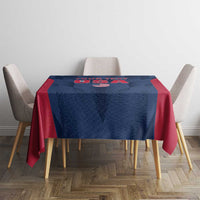 Custom USA cricket tablecloth centered on small table, navy blue with red trim