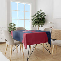 Custom USA cricket tablecloth on dining set, navy blue and red fabric draped