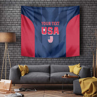 USA tapestry with blue geometric rays, red side panels, 'YOUR TEXT' and USA emblem