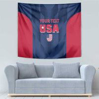 Wall-hanging USA tapestry: blue/red geometric print with 'YOUR TEXT' and USA shield flag