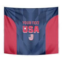 Close-up of USA tapestry print: 'YOUR TEXT' and USA shield with small flag, blue/red