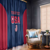USA window curtain with navy and red panels featuring “YOUR TEXT” and “USA” emblem