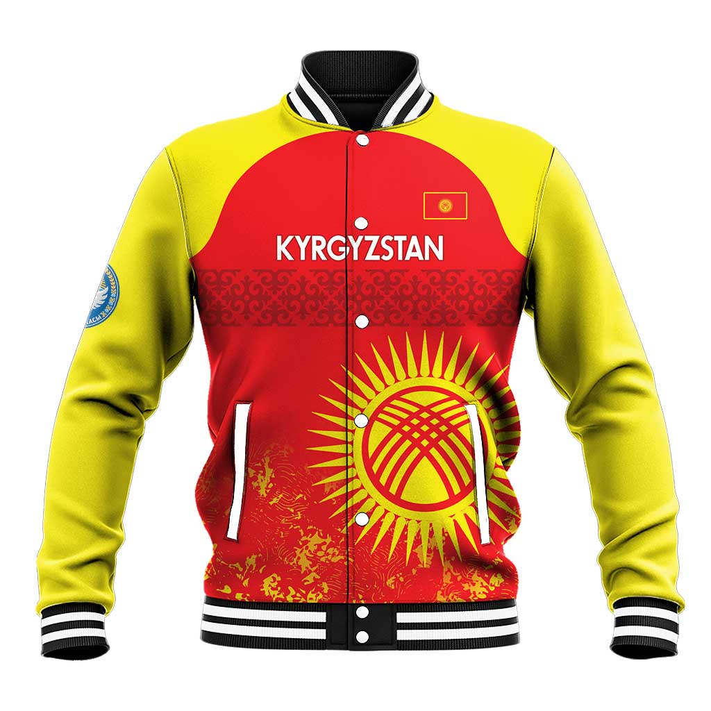 Red and yellow baseball varsity jacket with striped rib collar and Kyrgyzstan graphic