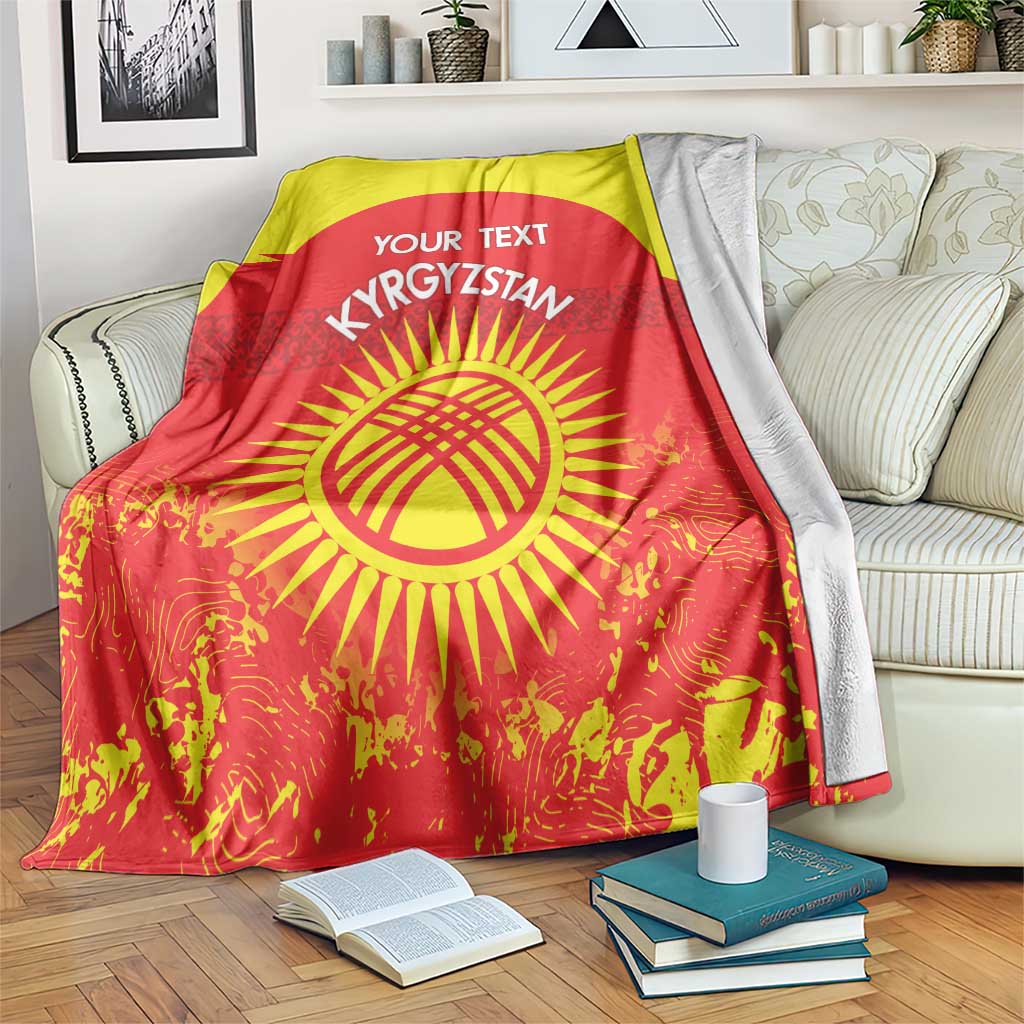 Kyrgyzstan football blanket, red and yellow emblem with 'YOUR TEXT' and white edging