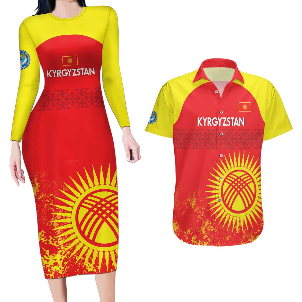 Custom Kyrgyzstan Football Couples Matching Long Sleeve Bodycon Dress and Hawaiian Shirt Go White Falcons Sporty Style - Wonder Print Shop