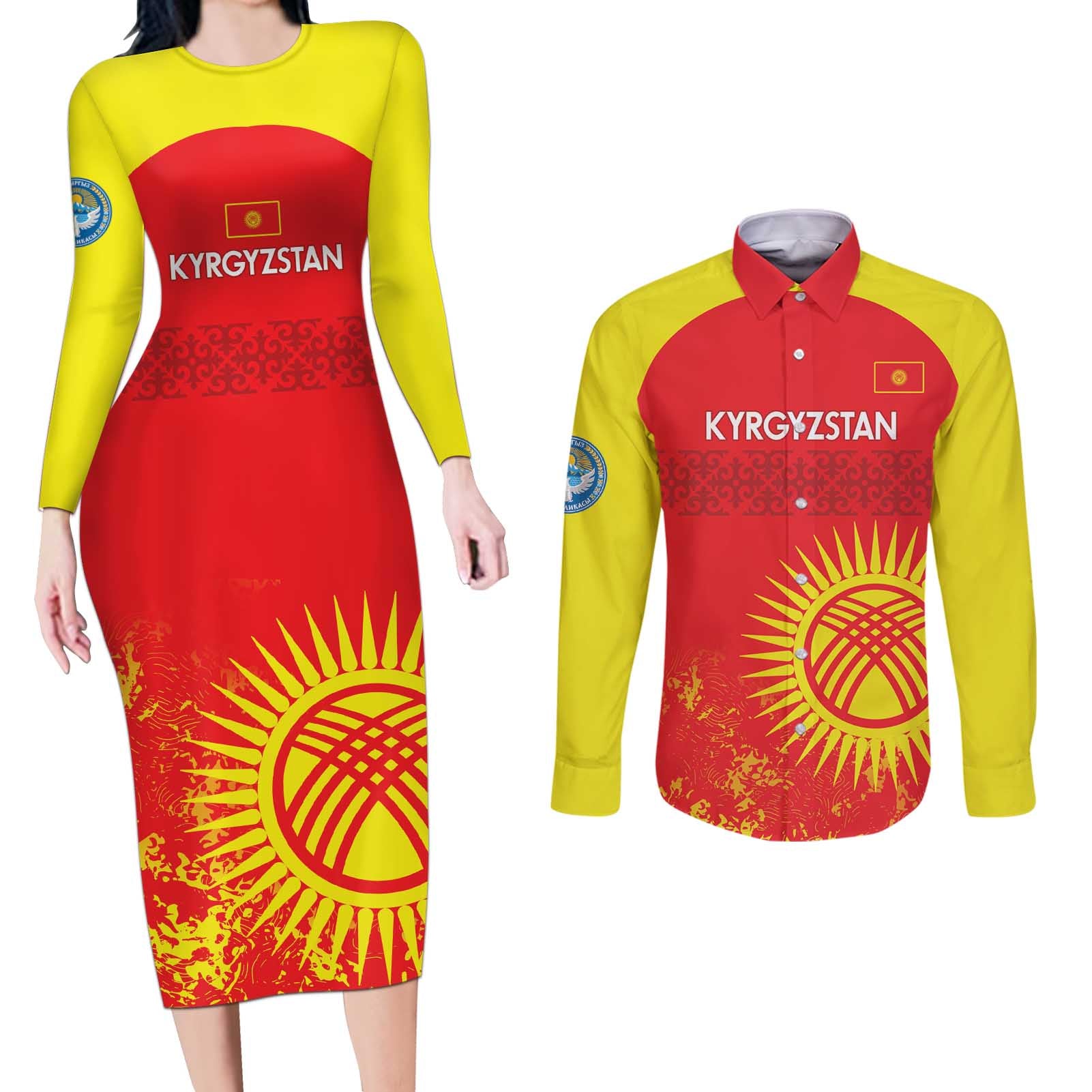 Custom Kyrgyzstan Football Couples Matching Long Sleeve Bodycon Dress and Long Sleeve Button Shirt Go White Falcons Sporty Style - Wonder Print Shop