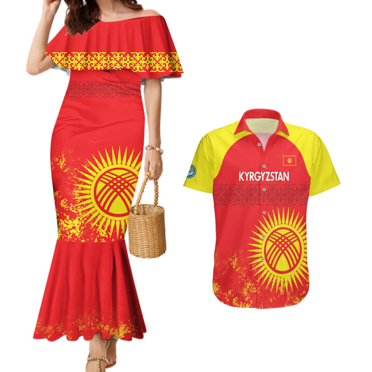 Custom Kyrgyzstan Football Couples Matching Mermaid Dress and Hawaiian Shirt Go White Falcons Sporty Style - Wonder Print Shop