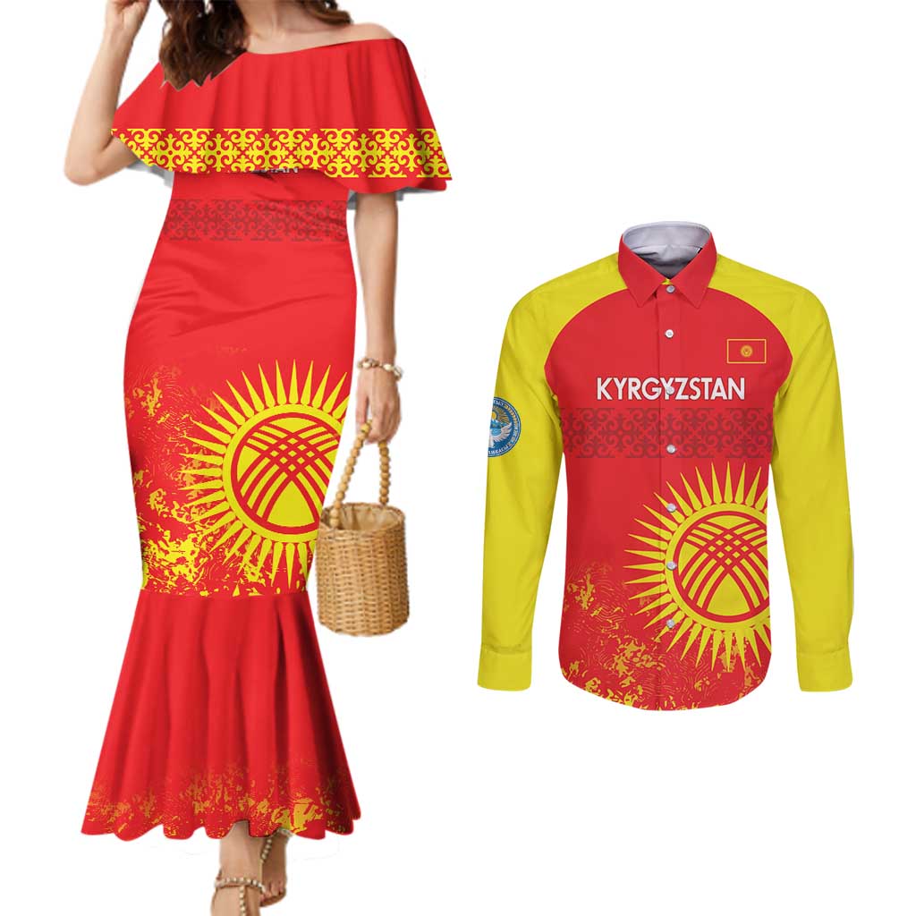 Custom Kyrgyzstan Football Couples Matching Mermaid Dress and Long Sleeve Button Shirt Go White Falcons Sporty Style