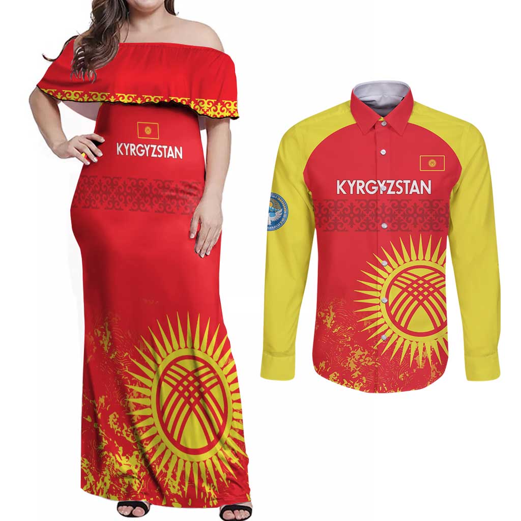 Custom Kyrgyzstan Football Couples Matching Off Shoulder Maxi Dress and Long Sleeve Button Shirt Go White Falcons Sporty Style - Wonder Print Shop