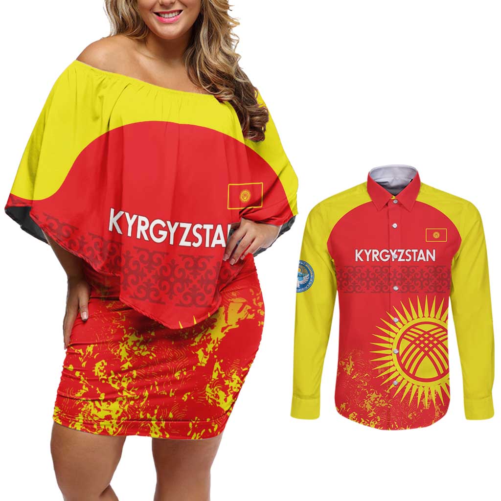 Custom Kyrgyzstan Football Couples Matching Off Shoulder Short Dress and Long Sleeve Button Shirt Go White Falcons Sporty Style - Wonder Print Shop