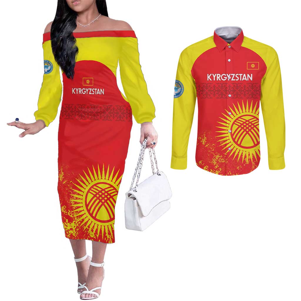 Custom Kyrgyzstan Football Couples Matching Off The Shoulder Long Sleeve Dress and Long Sleeve Button Shirt Go White Falcons Sporty Style